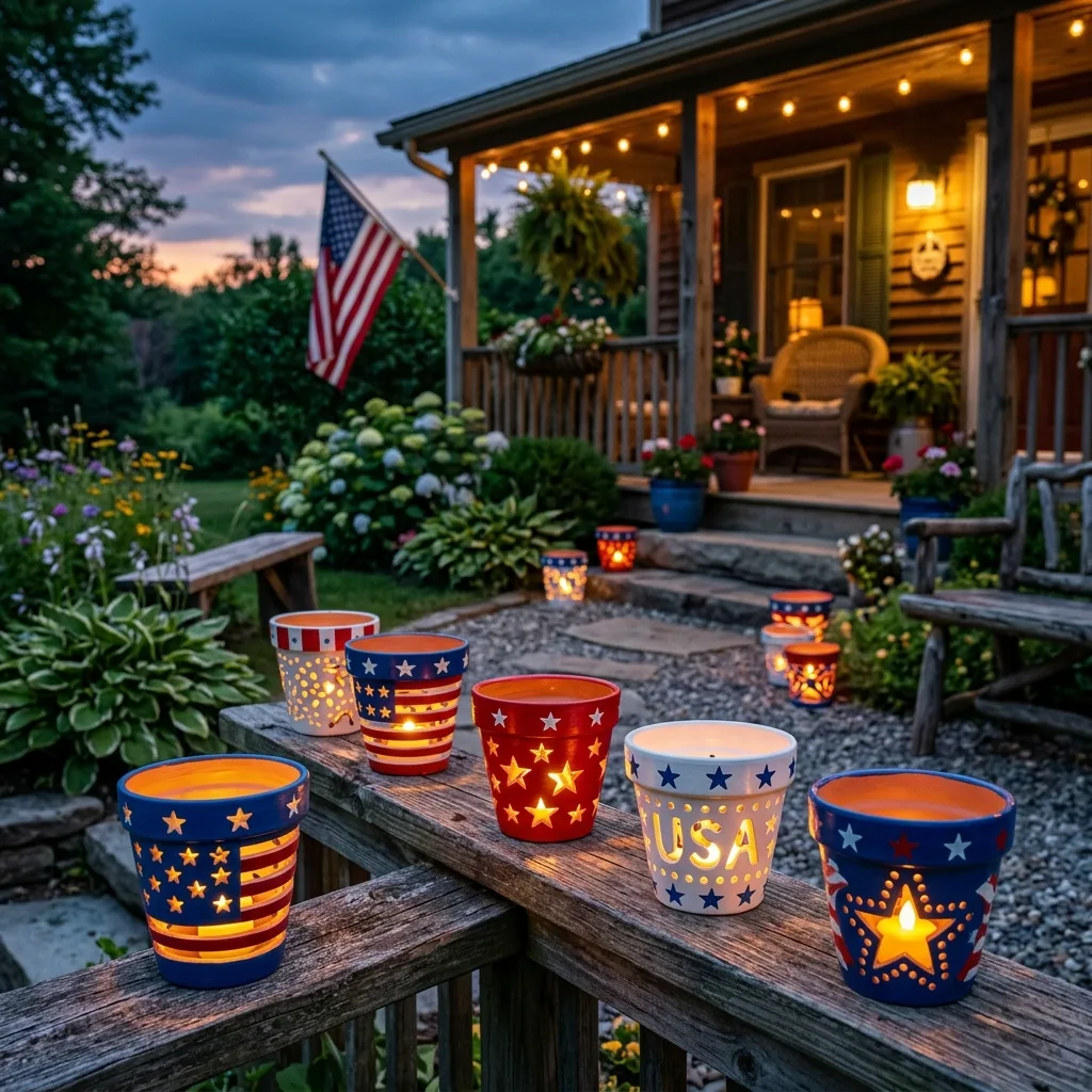 Rustic patriotic clay pot lanterns glowing outdoors